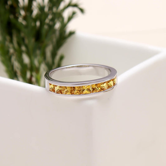 Natural Yellow Sapphire Eternity Band Ring - 925 Sterling Silver