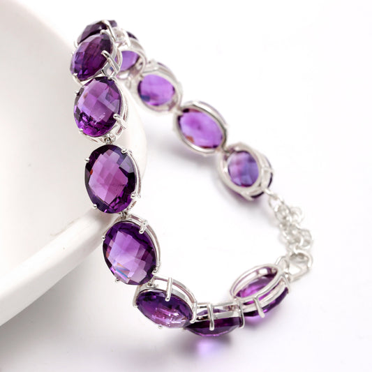 Natural Amethyst Tennis Bracelet - 925 Sterling Silver Oval Cut