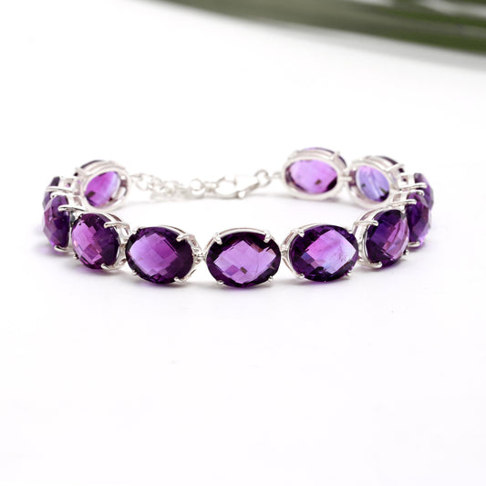 Natural Amethyst Tennis Bracelet - 925 Sterling Silver Oval Cut